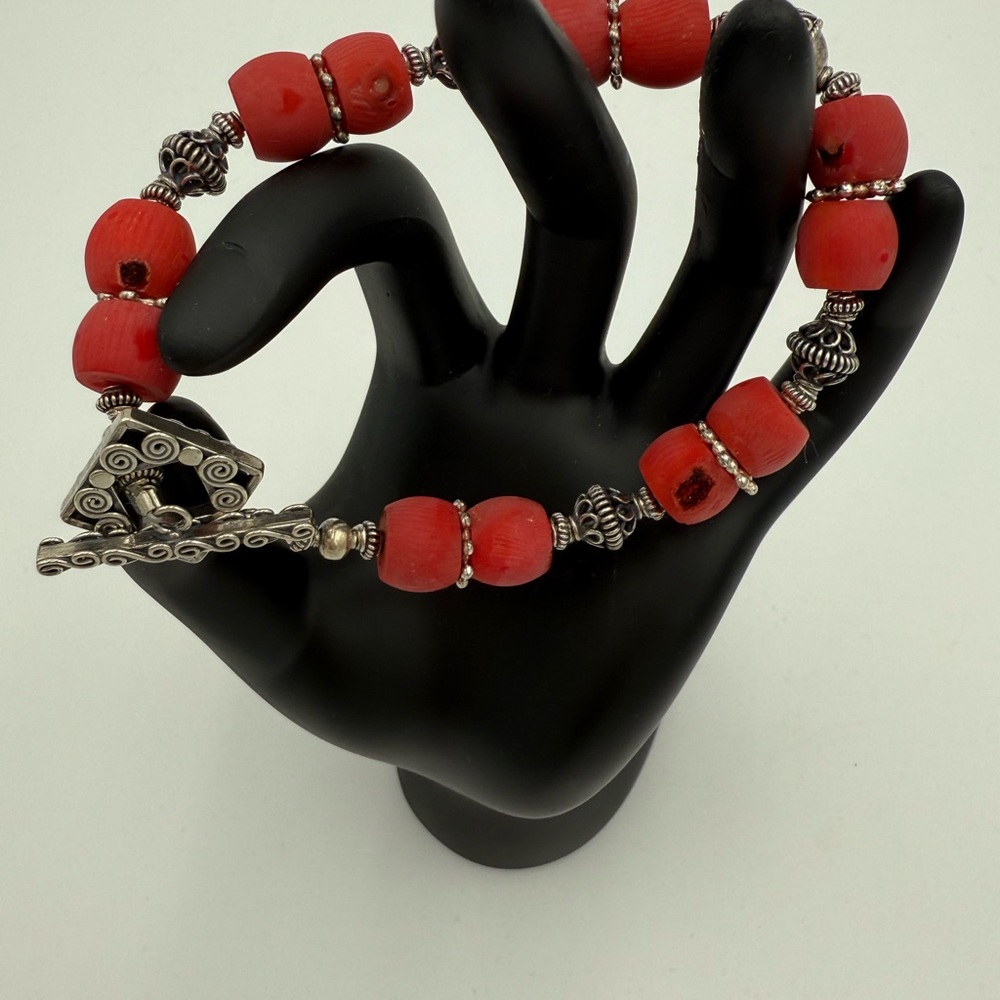 Natural Rare Red Coral and Sterling Silver Bali Beads Toggle Closure Bracelet